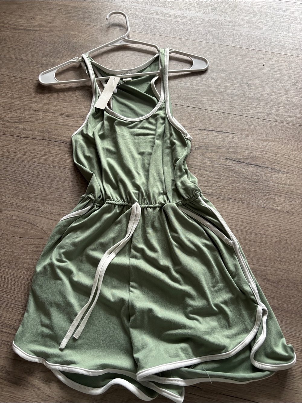 Sage Green Racerback Romper with Cream Trim